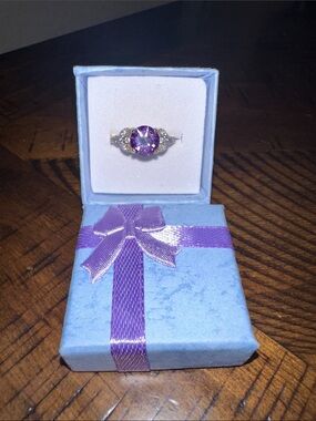 Gold Plated Purple CZ Halo Ring with Clear Accent Stones